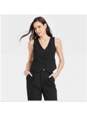 a new day Black linen button vest button down front medium M